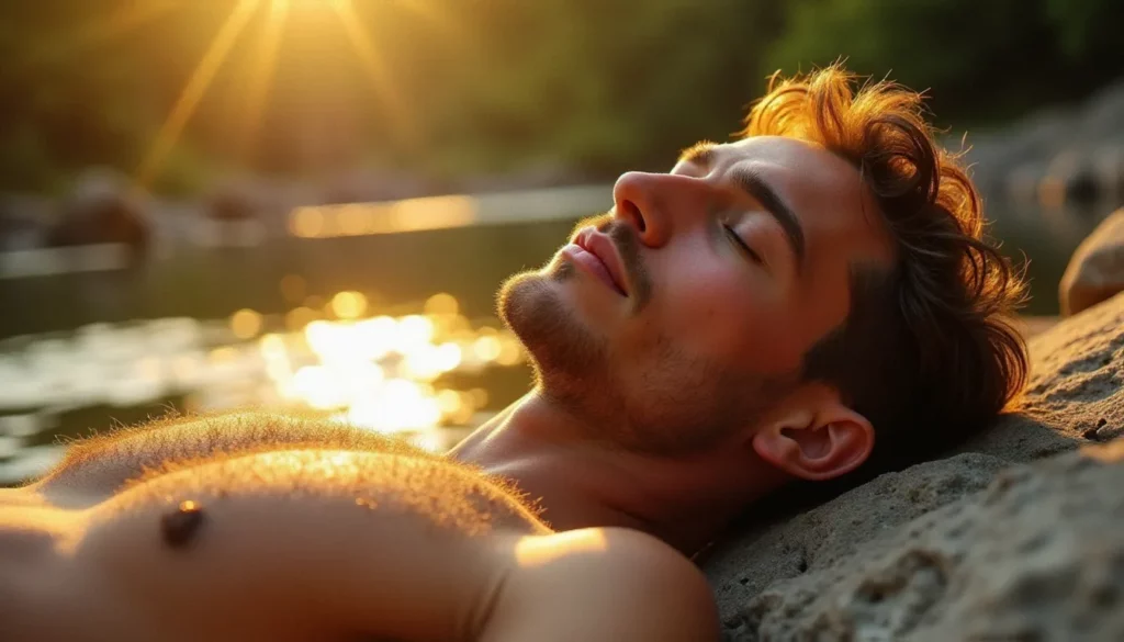 Homme au bronzage doré allongé sur les bords d'une rivière ensoleillée en France, teint chaud et lumineux sous le soleil d'été