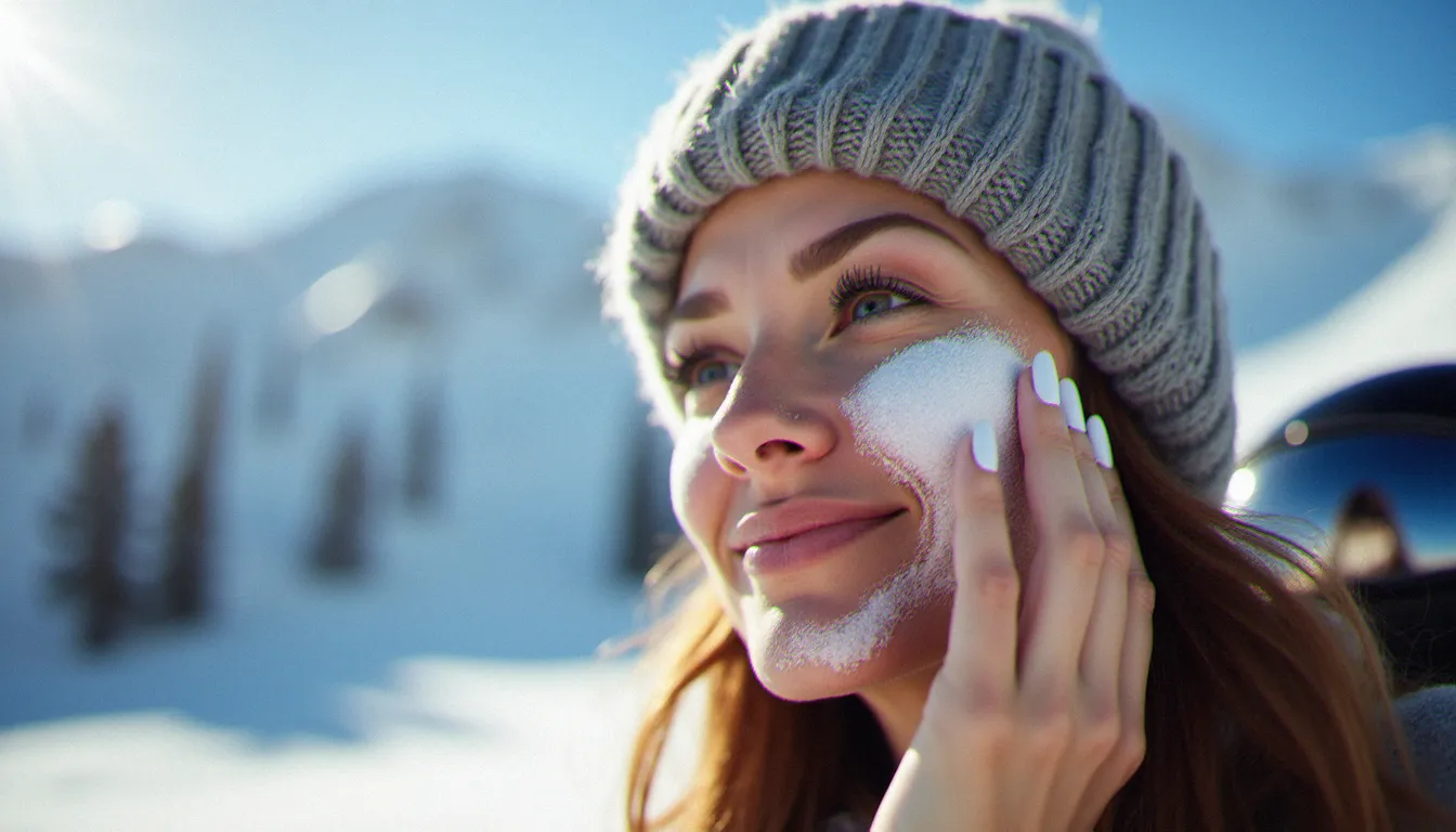 Femme appliquant une crème solaire SPF 50 sur son visage avant une journée de ski en montagne, geste essentiel pour un bronzage ski sain et protégé