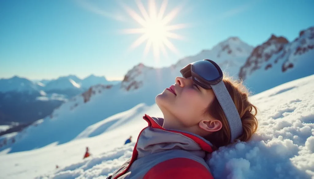 Skieur au visage hâlé tourné vers le soleil d'hiver en montagne, illustrant le bronzage ski sur les pistes enneigées du Massif du Sancy en Auvergne