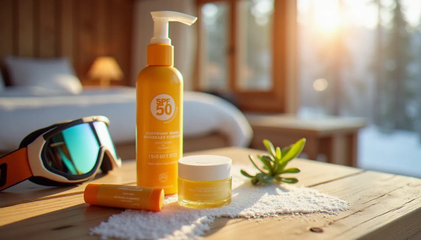 Produits de protection solaire et de soin indispensables pour préparer son bronzage skieur disposés sur une table de chalet