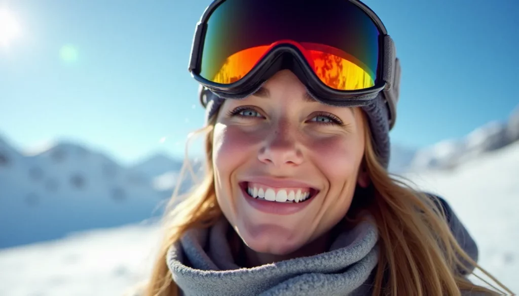 Femme souriante présentant un bronzage skieur typique avec marque de masque autour des yeux, sur une piste enneigée ensoleillée