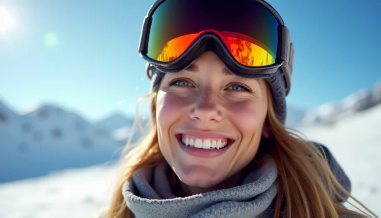 Femme souriante présentant un bronzage skieur typique avec marque de masque autour des yeux, sur une piste enneigée ensoleillée