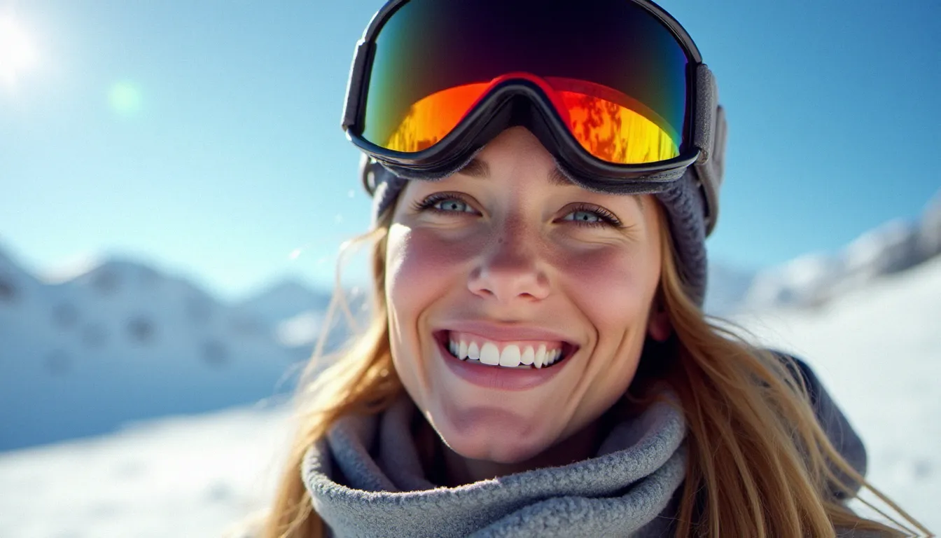 Femme souriante présentant un bronzage skieur typique avec marque de masque autour des yeux, sur une piste enneigée ensoleillée