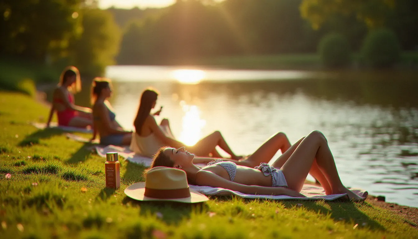 Bords de rivière française en été avec baigneurs allongés sur l'herbe et lumière de fin d'après-midi, flacon de bronzant carotte au premier plan