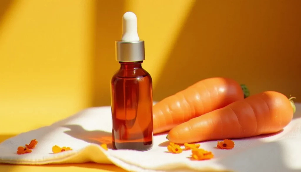 bronzant carotte featured Flacon d'huile bronzante carotte posé sur une serviette en lin blanc avec des carottes fraîches, éclairage doré d'été — produit bronzant carotte naturel