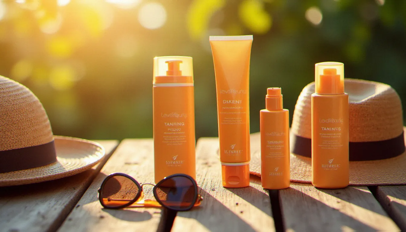 Collection de crèmes bronzantes et accessoires de plage posés sur une surface en bois avec une lumière dorée d'été