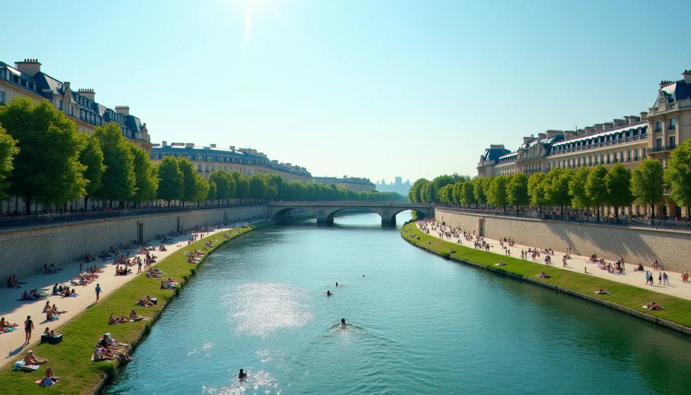 Vue aérienne des berges de l'Allier à Vichy avec promeneurs profitant du soleil estival et architecture thermale en arrière-plan