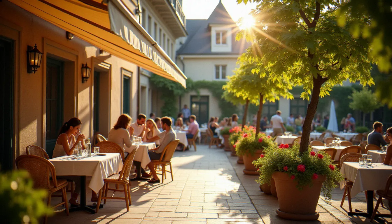 Terrasse ensoleillée d'un café vichyssois où des clients profitent du soleil avec des boissons fraîches, façade Belle Époque en arrière-plan