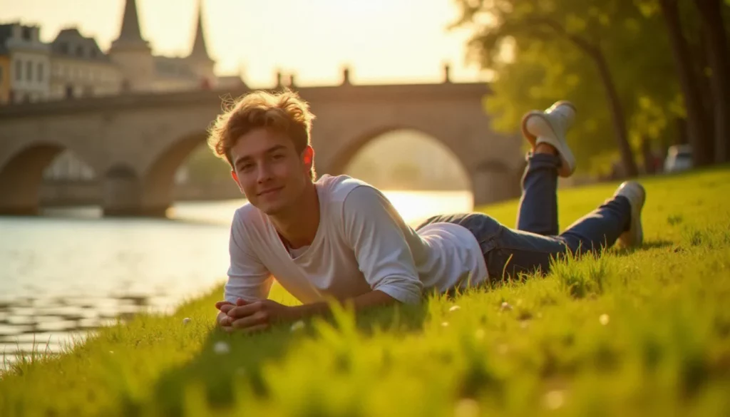 bronzer au soleil featured Personne allongée sur les berges herbeuses de l'Allier à Vichy pour bronzer au soleil, lumière dorée de fin d'après-midi
