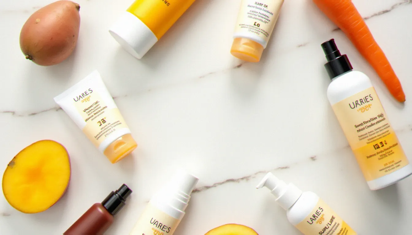 Produits de préparation solaire pour bronzer au visage — crèmes SPF, sérum vitamine C et aliments riches en bêta-carotène sur fond de marbre blanc