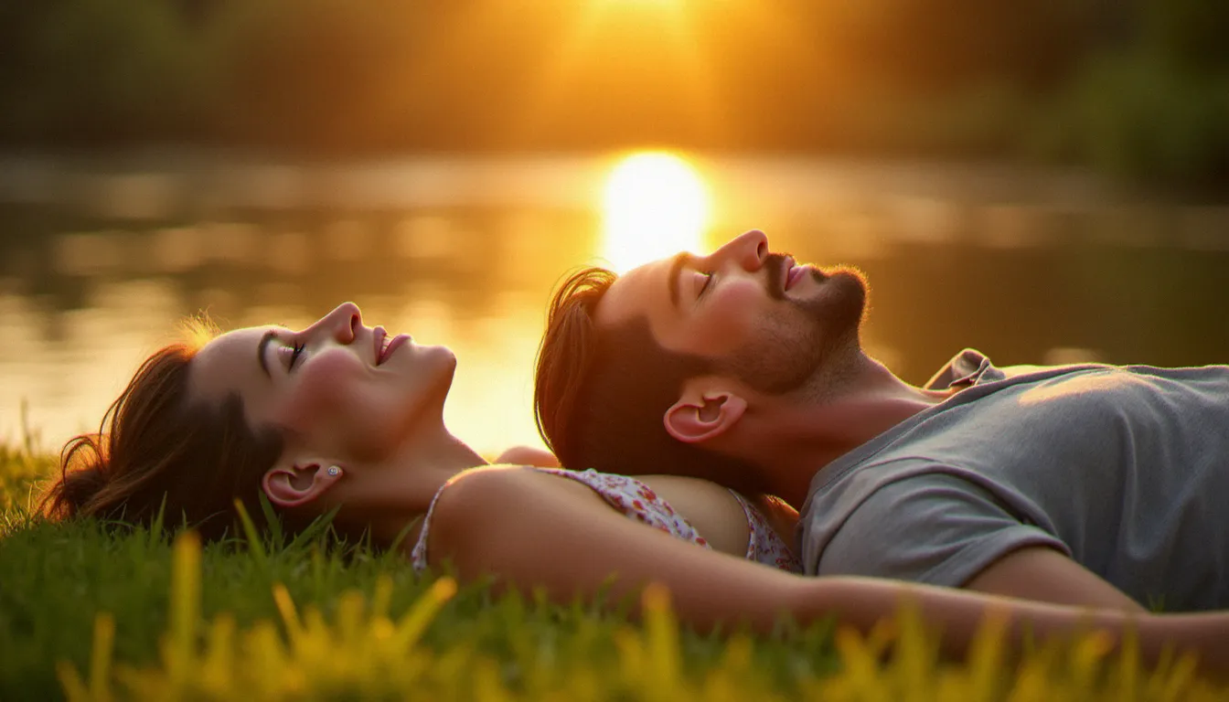 Couple profitant du soleil de fin de journée au bord de l'Allier à Vichy pour bronzer au visage, lumière dorée rasante du coucher de soleil
