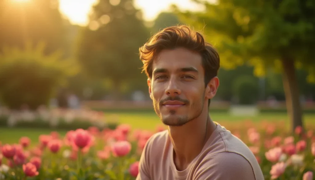 Homme au visage bronzé par le soleil assis dans un jardin public français en été, illustrant un bronzage du visage naturel et progressif réussi