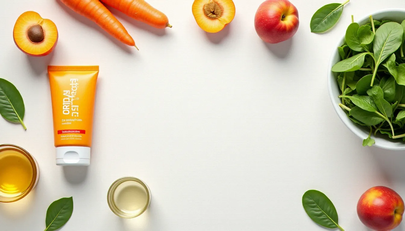 Vue de dessus d'un ensemble de produits solaires et aliments riches en bêta-carotène pour bronzer plus vite, disposés sur une table en bois blanc
