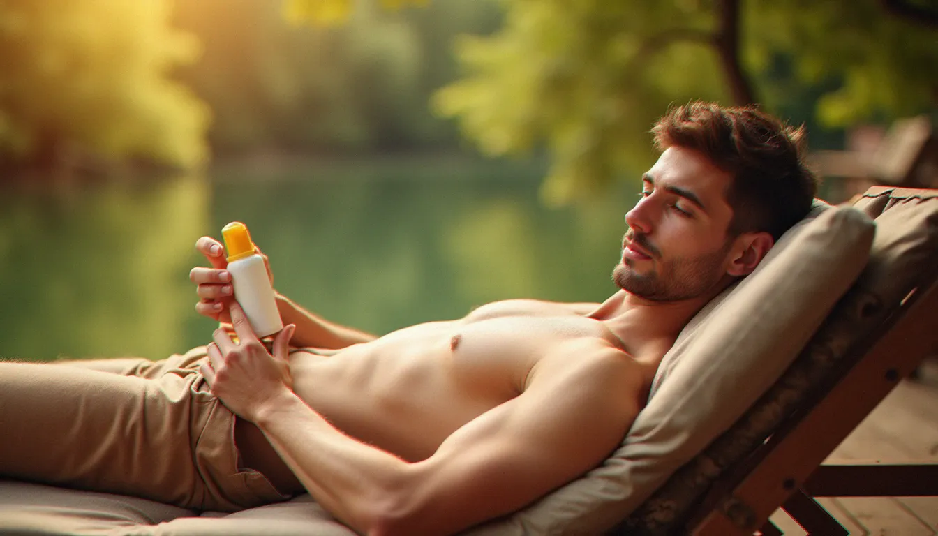 Homme appliquant de la crème solaire au bord d'une rivière par une journée ensoleillée, astuce pour bronzer plus vite tout en se protégeant