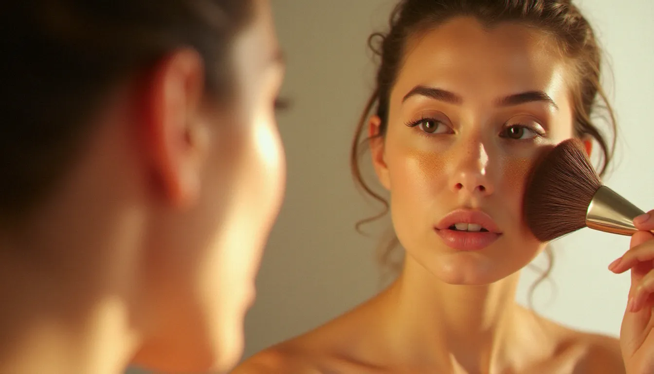 Femme appliquant un bronzeur poudre avec un pinceau ventilateur devant un miroir éclairé à la lumière naturelle du matin, nuage de poudre dorée visible