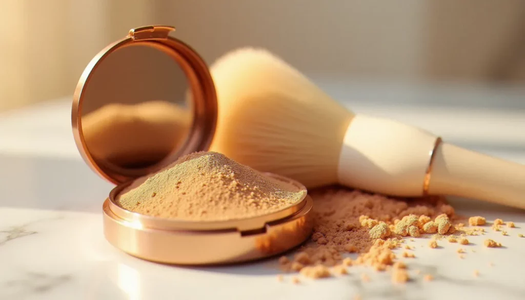 bronzeur poudre featured Compact ouvert de bronzeur poudre aux reflets dorés avec un pinceau kabuki posé à côté sur une surface en marbre blanc, éclairage naturel doux