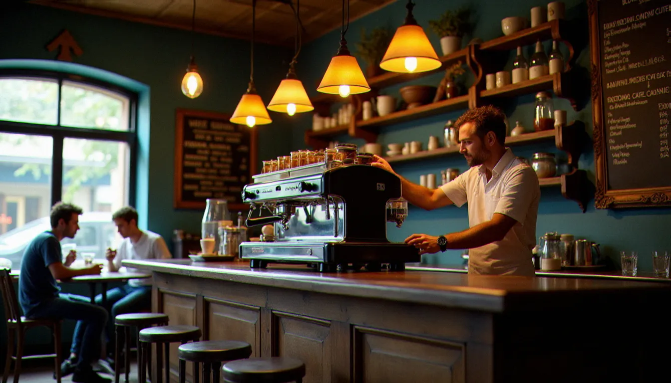 Intérieur d'un bistrot de quartier avec comptoir en bois sombre et machine à espresso professionnelle, ambiance typique des cafés à prix abordables à Vichy