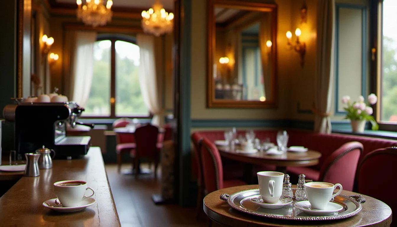 Comparaison entre un bistrot populaire et un salon de thé Belle Époque à Vichy, illustrant la diversité des prix du café selon le type d'établissement