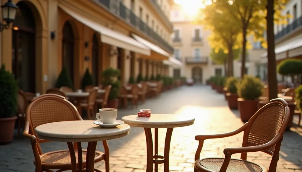 cafe vichy prix featured Terrasse de café ensoleillée à Vichy avec architecture Belle Époque, tasse d'espresso sur table en marbre illustrant les prix d'un café à Vichy