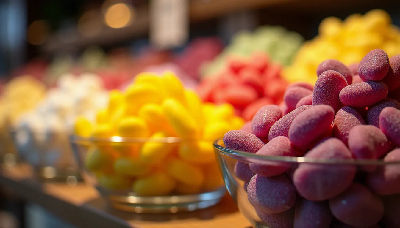 Assortiment de pastilles Vichy en différentes saveurs présentées dans des bols en verre dans une boutique de spécialités locales à Vichy