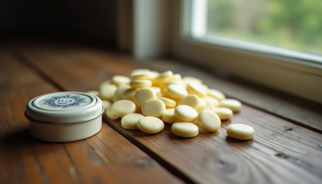 celebre pastille vichy featured Célèbres pastilles Vichy en forme de losange blanc disposées sur une surface en bois ancien avec leur boîte métallique traditionnelle