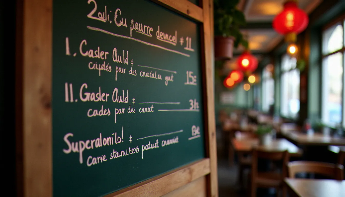 Ardoise d'un restaurant chinois à Vichy affichant les menus du déjeuner avec les prix entre 11 et 15 euros
