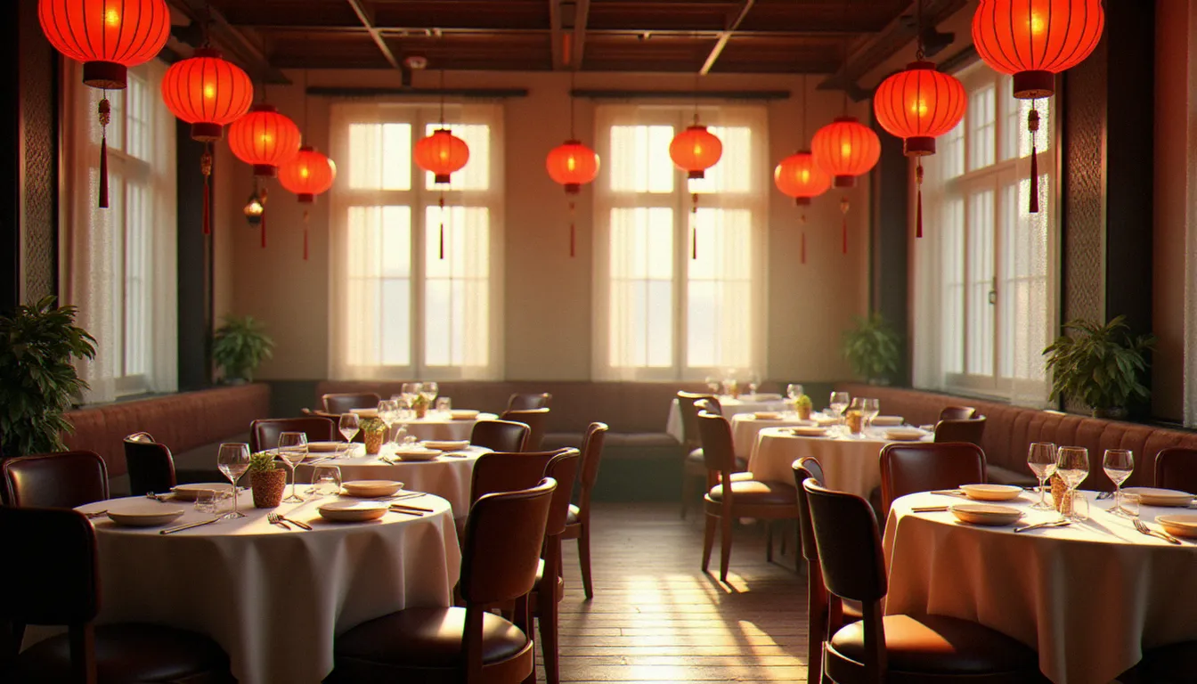 Salle vide et lumineuse d'un restaurant chinois à Vichy en milieu d'après-midi, tables dressées avec baguettes et nappes blanches