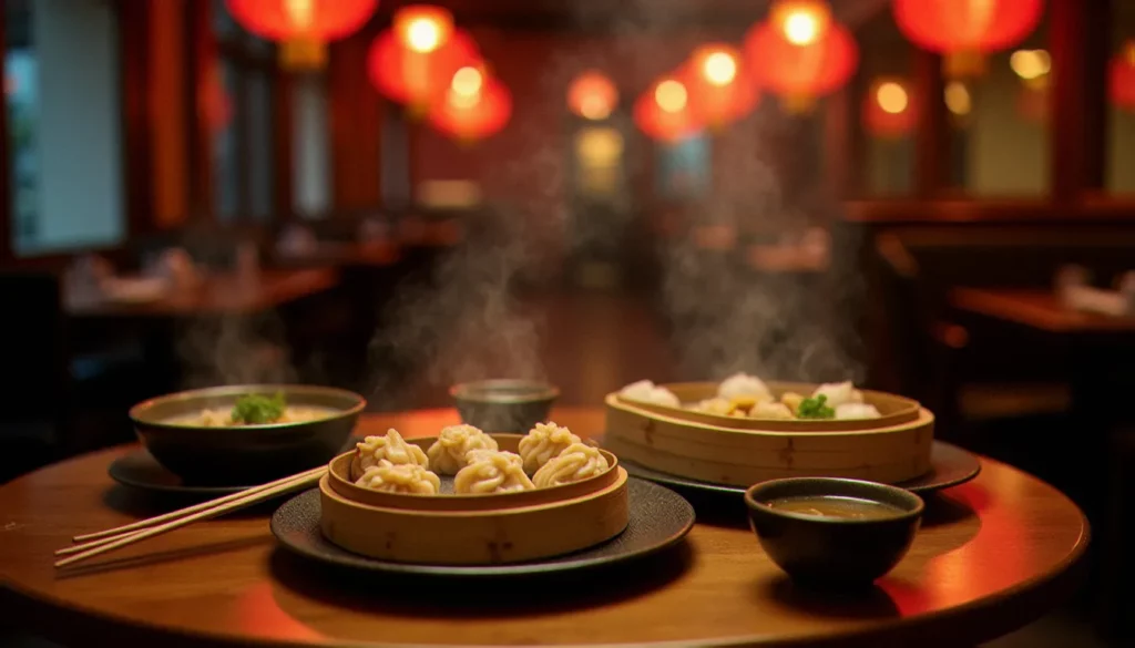 chinois vichy prix featured Table d'un restaurant chinois à Vichy avec des dim sum vapeur, une soupe de nouilles et du thé jasmin, ambiance chaleureuse en soirée