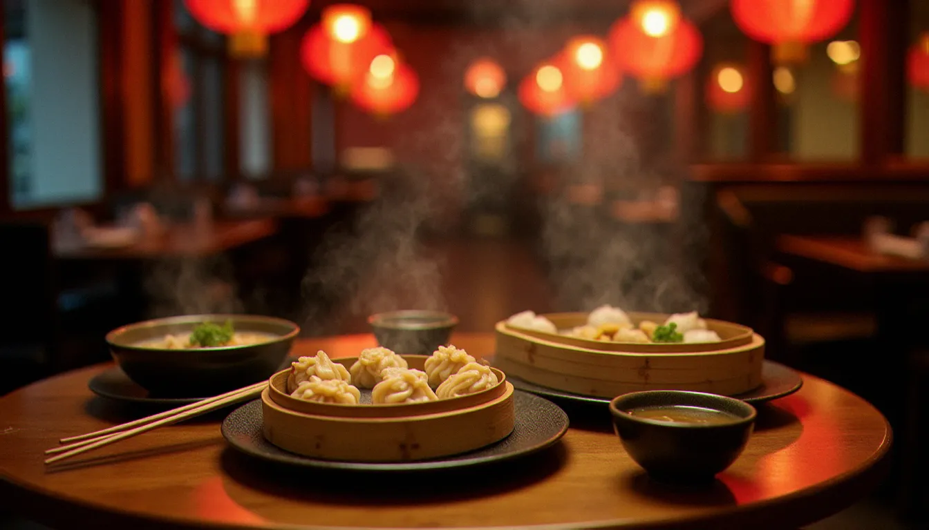 Table d'un restaurant chinois à Vichy avec des dim sum vapeur, une soupe de nouilles et du thé jasmin, ambiance chaleureuse en soirée