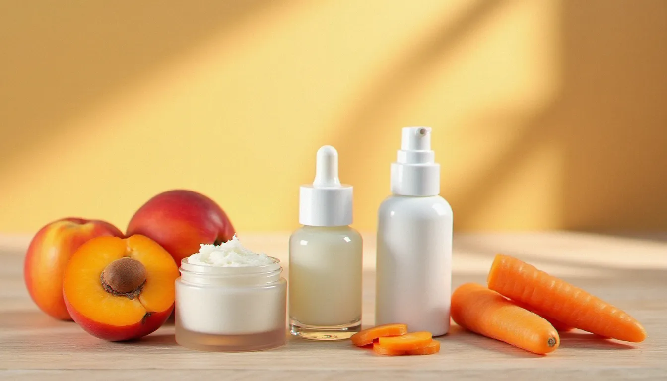 Produits de soin pour préparer la peau avant de bronzer du visage : gommage doux, crème hydratante, sérum et aliments riches en caroténoïdes posés sur une surface en bois