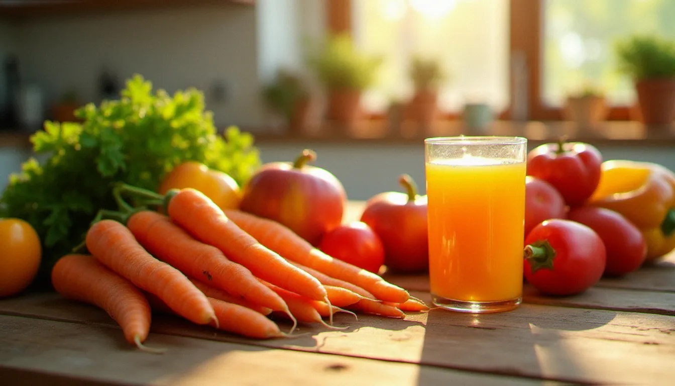Assortiment coloré de fruits et légumes riches en caroténoïdes posés sur une table en bois, aliments qui aident à bronzer plus vite avec une peau blanche