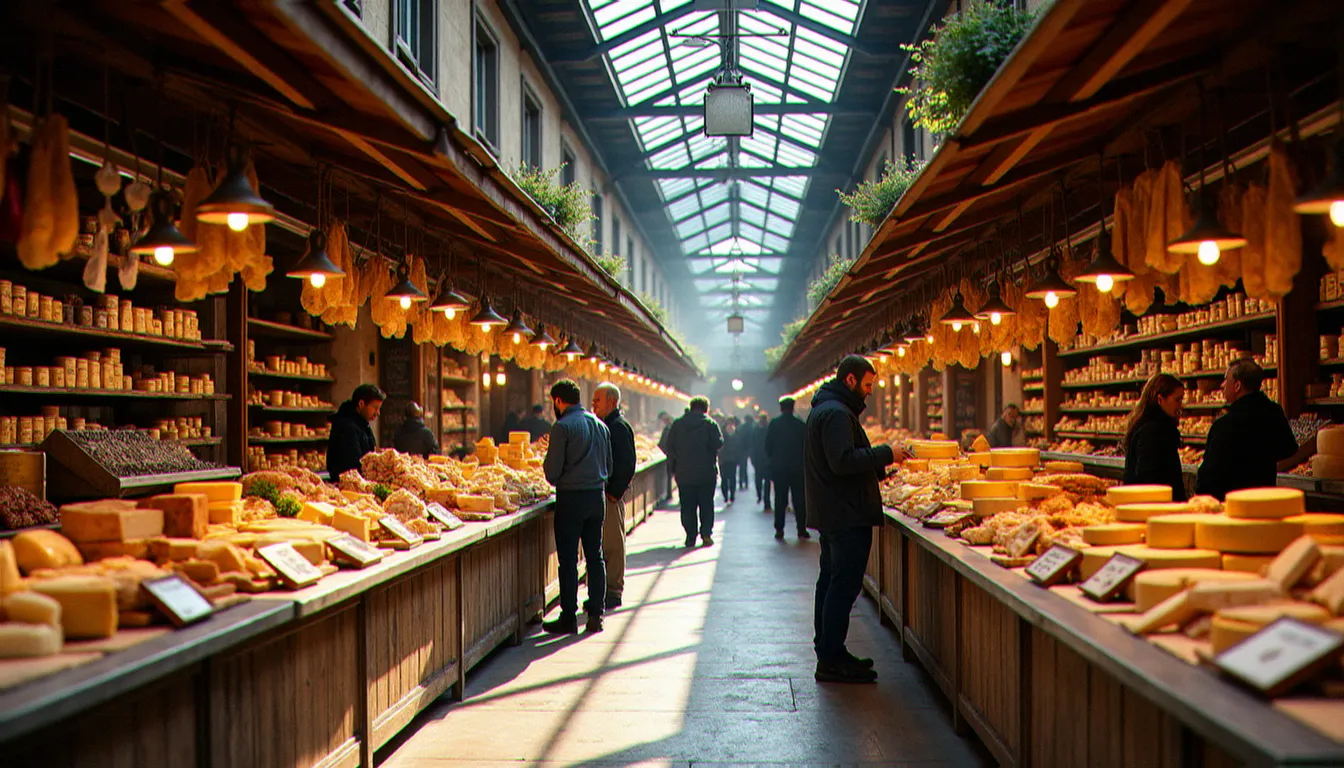 Halles couvertes d'une commune touristique française avec étals de fromages d'Auvergne et de charcuteries locales un matin de marché