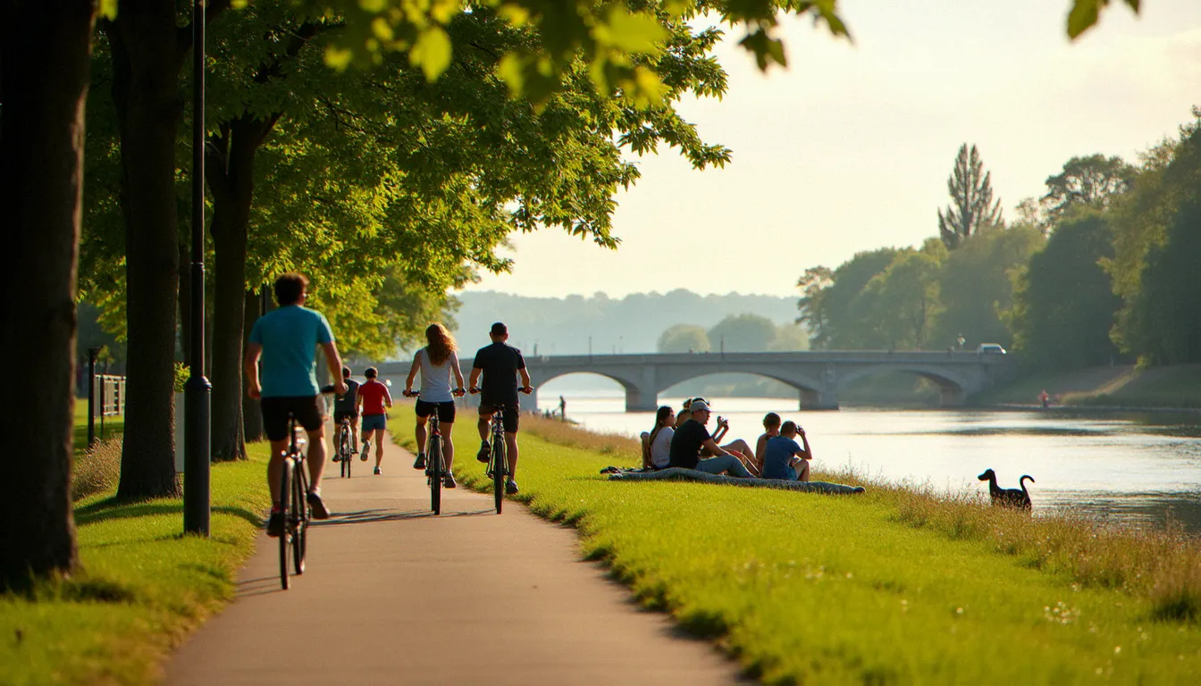 Promenade cyclable et piétonne le long de l'Allier à Vichy, commune touristique auvergante, avec familles et sportifs profitant d'un après-midi d'été