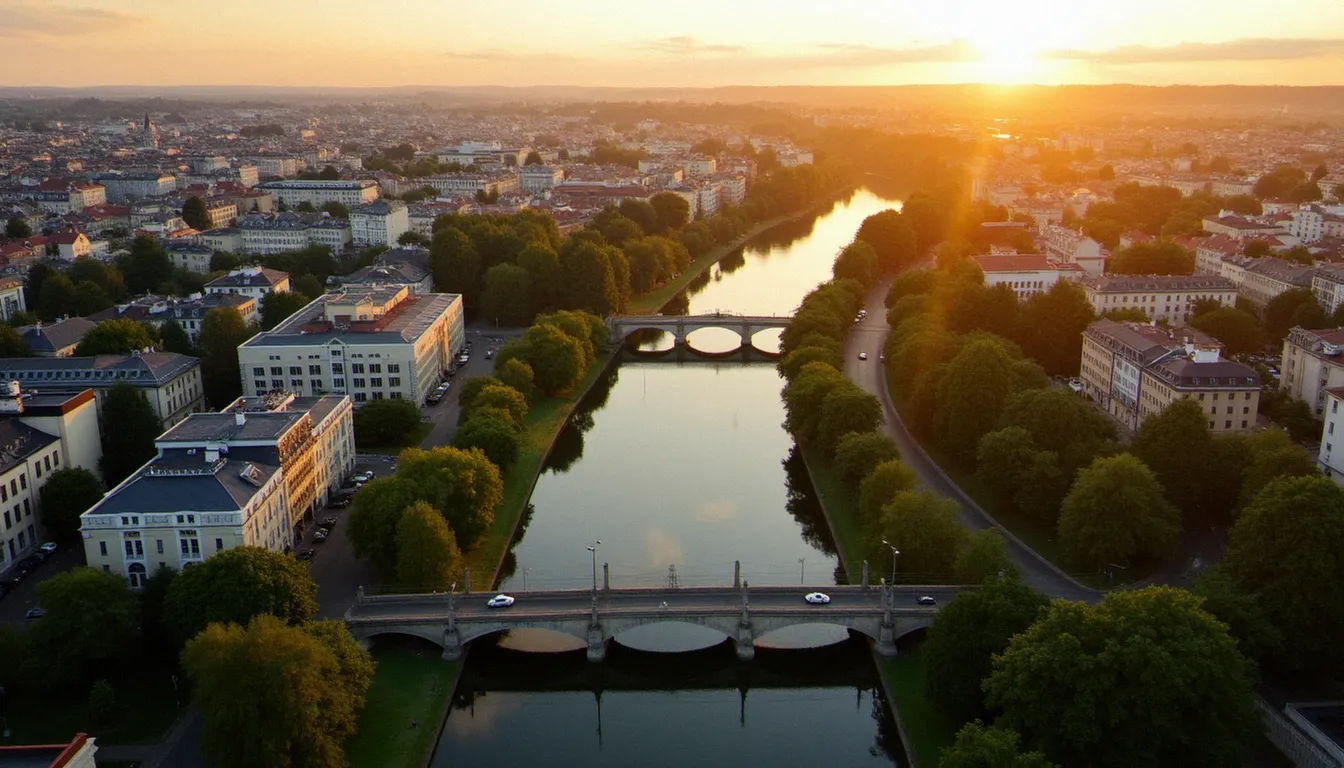 Vue aérienne de Vichy, commune touristique en France, avec ses bâtiments art déco et les rives de l'Allier au coucher du soleil