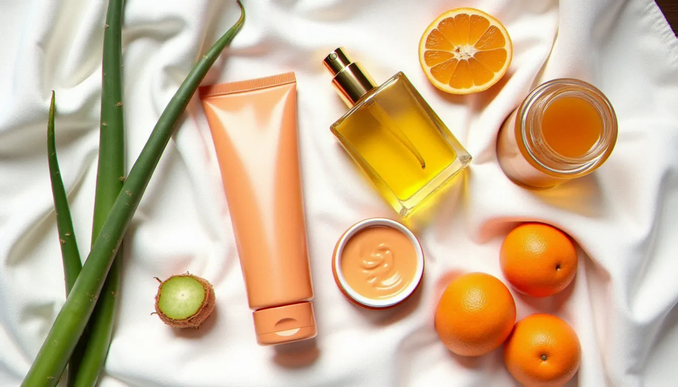Sélection de crèmes pour bronzage, huile de carotte et feuilles d'aloe vera disposées sur une serviette en lin blanc au soleil, illustrant les ingrédients naturels clés des produits bronzants