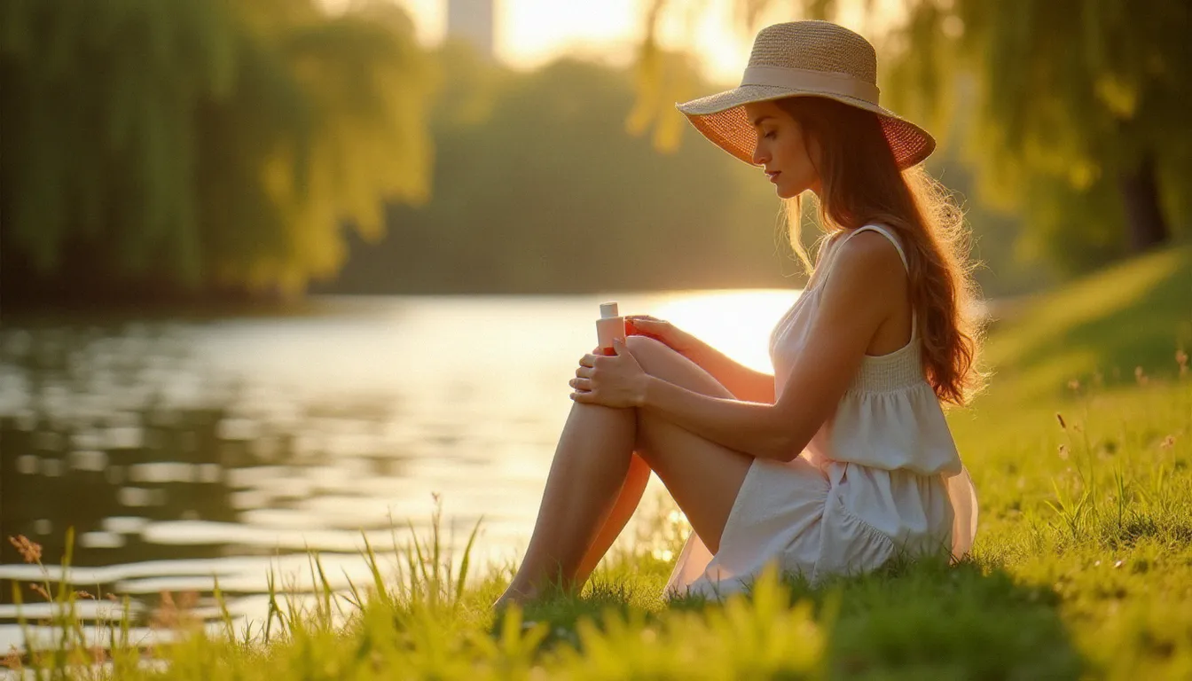 Femme appliquant une crème pour bronzage sur les jambes assise sur une rive herbeuse au bord d'une rivière par une belle journée d'été dorée