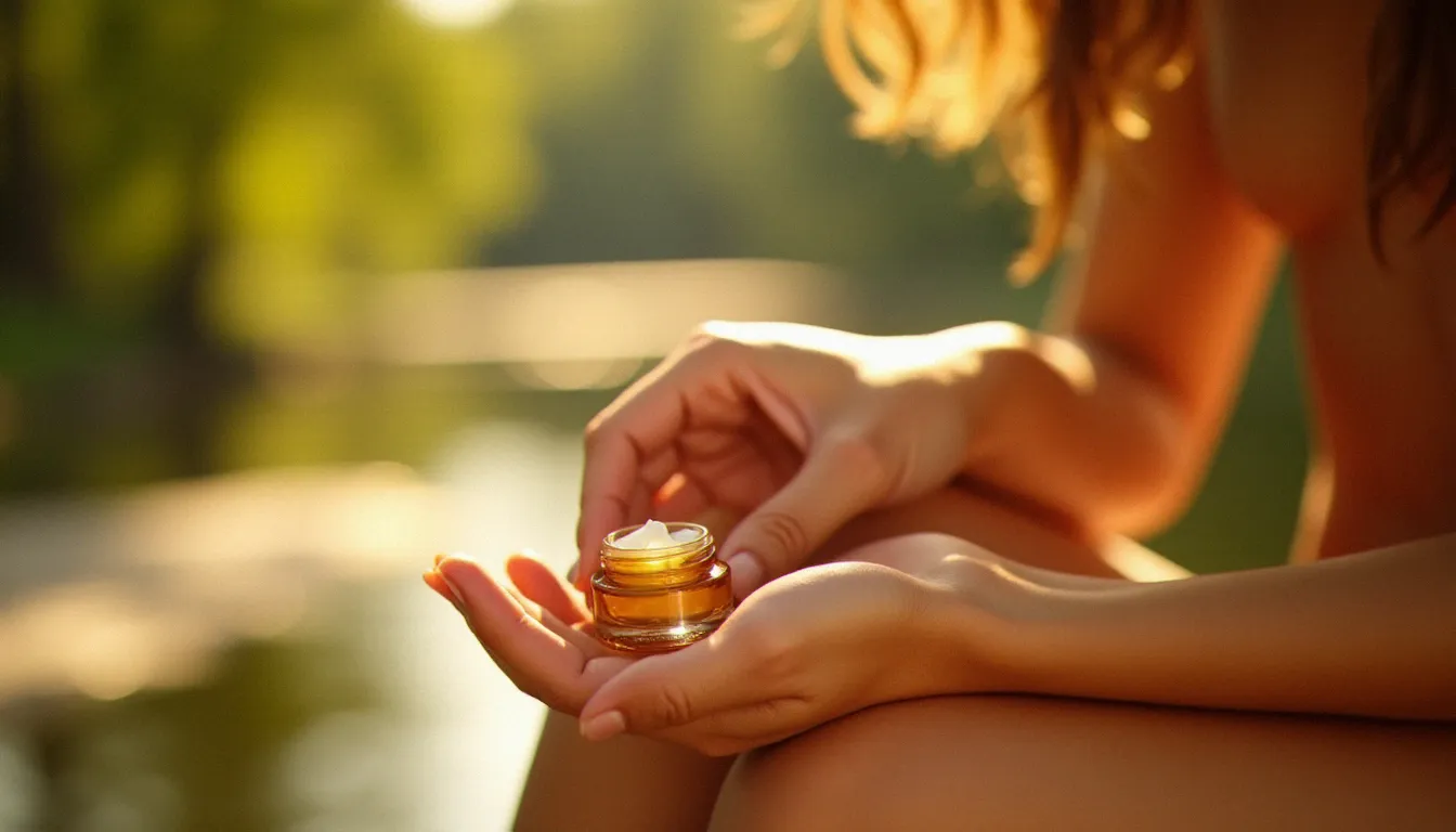 Application d'une crème pour bronzage dorée sur une peau ensoleillée, avec un pot de crème bronzante en premier plan et un parc verdoyant en arrière-plan