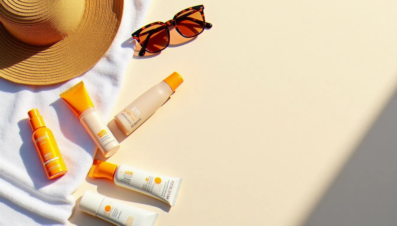 Comparatif de plusieurs crèmes solaires avec différents indices SPF posées sur une serviette blanche au soleil