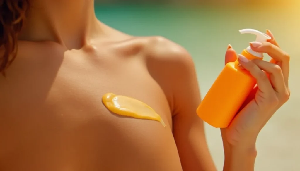 creme solaire activateur bronzage featured Application de crème solaire activateur bronzage sur une peau hâlée en plein été, avec une bouteille de lotion solaire dorée