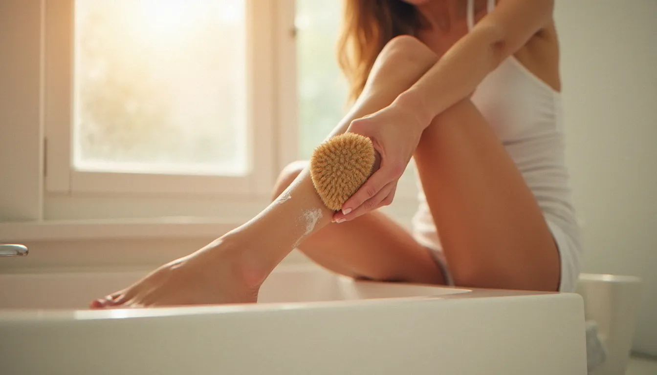 Femme effectuant un gommage des jambes à la brosse naturelle en préparation de l'application d'une crème solaire autobronzante