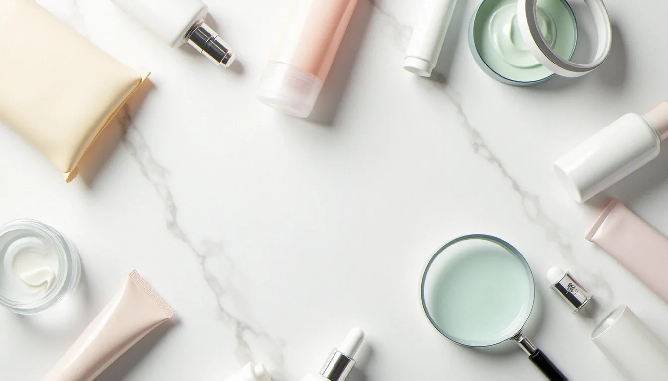 Flacons de produits autobronzants sur surface blanche avec loupe, représentant l'analyse des ingrédients à risque comme la DHA présents dans les formules de douche autobronzante