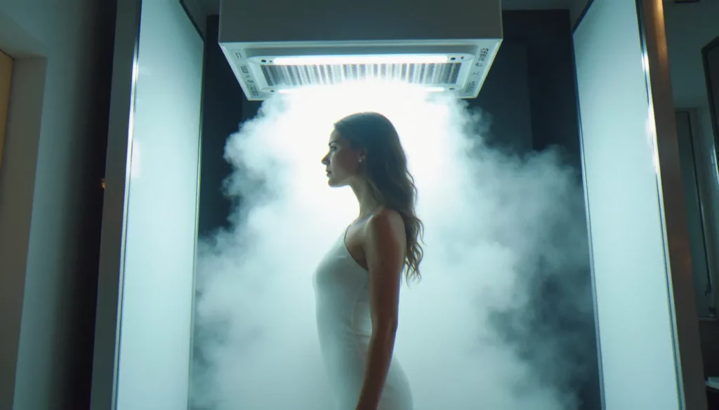 douche autobronzante danger featured Cabine de douche autobronzante professionnelle projetant un brouillard de solution DHA, illustrant les dangers potentiels liés à l'inhalation lors d'une séance