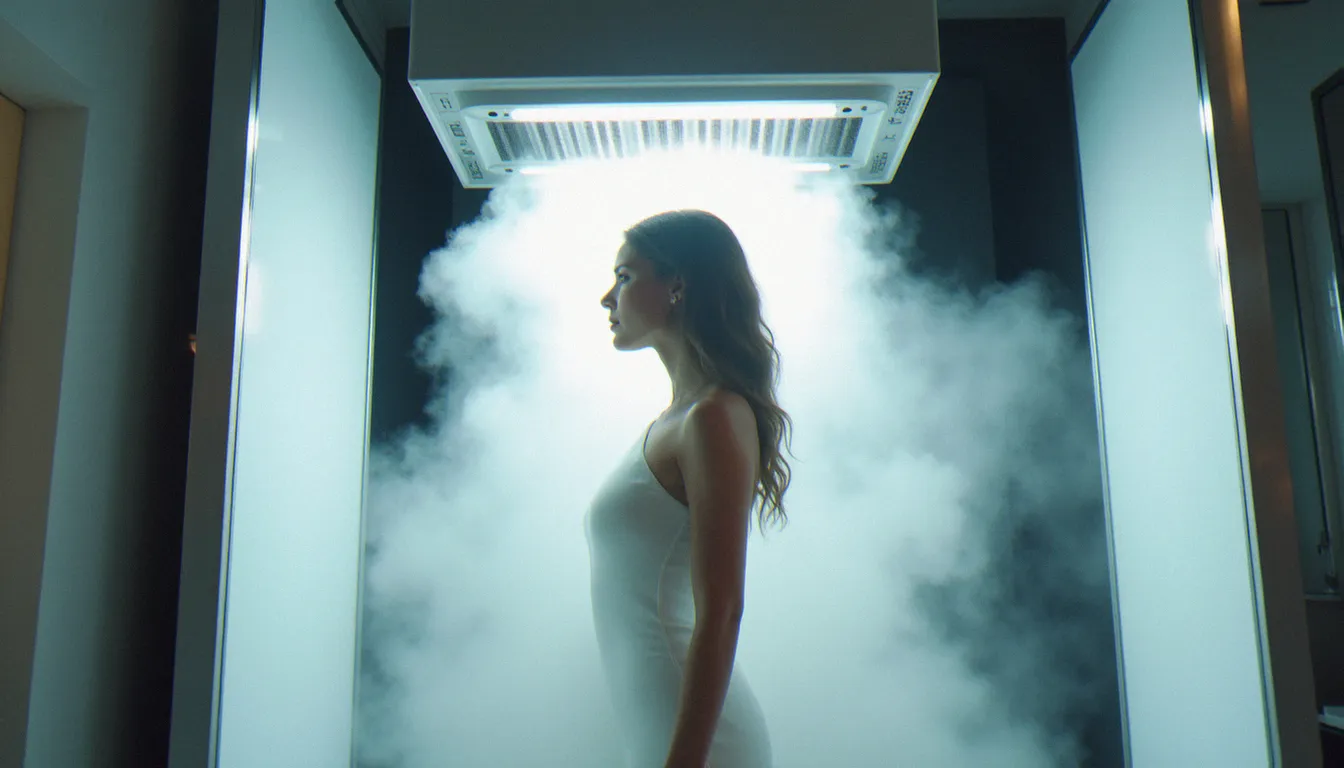 Cabine de douche autobronzante professionnelle projetant un brouillard de solution DHA, illustrant les dangers potentiels liés à l'inhalation lors d'une séance