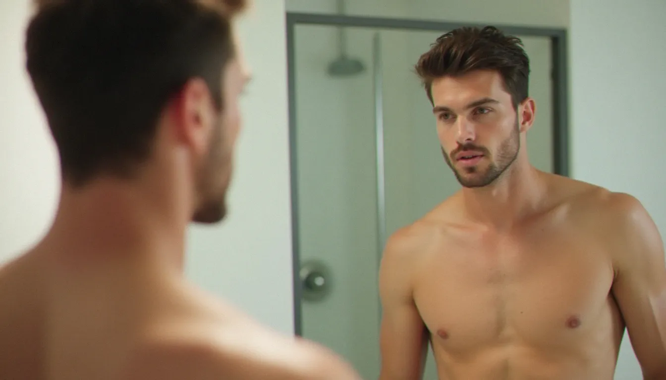 Homme de profil dans une salle de bain moderne, examinant son bronzage naturel sur le torse, lumière douce du jour