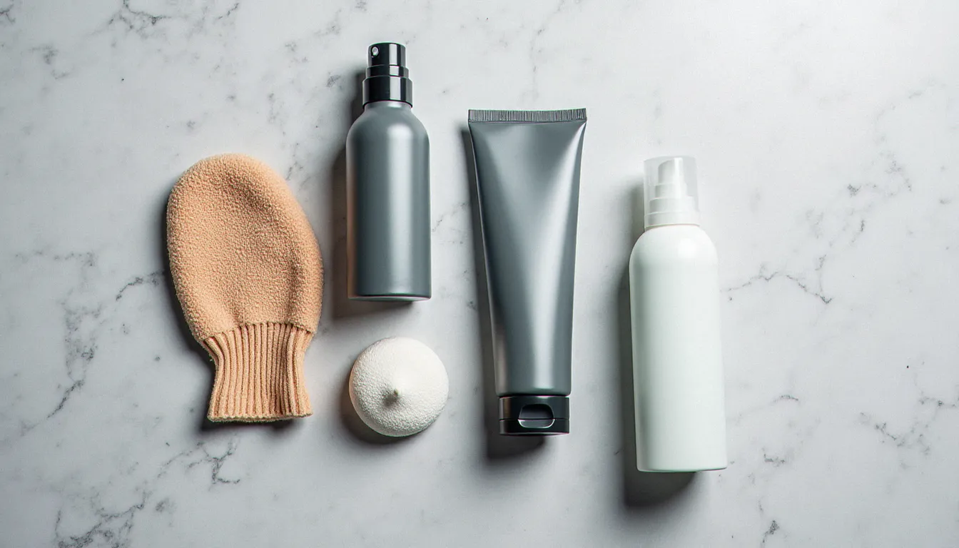 Produits autobronzants pour homme disposés sur une surface en pierre grise — mousse, gant, gommage et crème hydratante