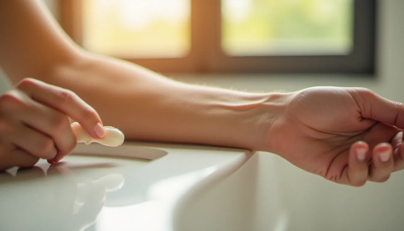 Un homme applique un autobronzant avec un gant en mousse sur son avant-bras, lumière naturelle matinale