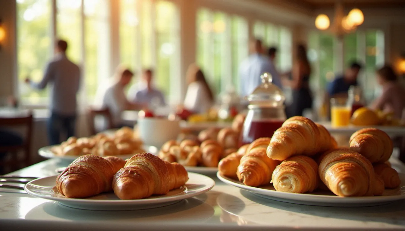 Buffet petit-déjeuner de l'Ibis Style Vichy avec viennoiseries, fruits frais et café dans une salle lumineuse