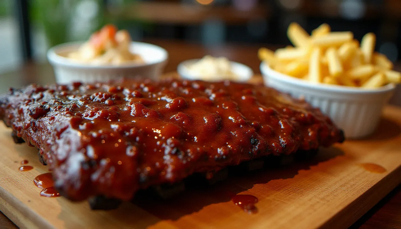 Assiette de ribs de porc laqués sauce barbecue avec frites et coleslaw, plat signature de l'Indiana Café Vichy
