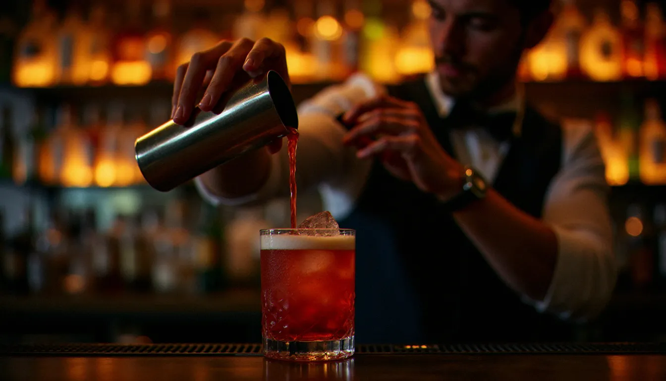 Barman préparant un cocktail au comptoir de l'Indiana Café Vichy dans une ambiance tamisée et festive
