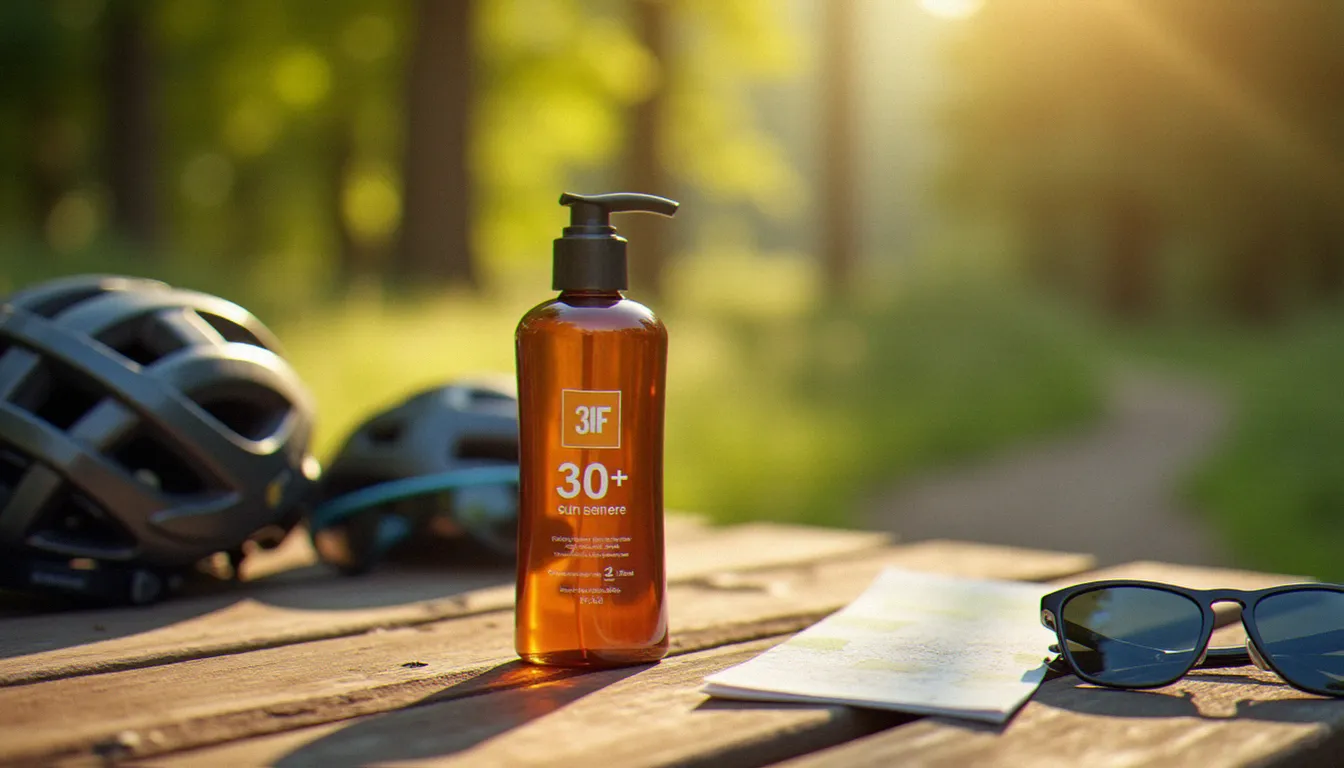 Flacon de crème solaire SPF 30 posé sur une table en bois avec un casque de vélo et une carte de randonnée, matériel de sortie outdoor avant une journée de plein air à Vichy